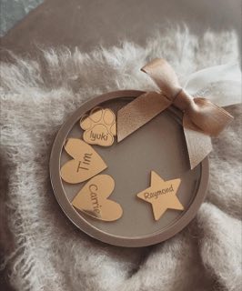 Round personalized ornament with heart, paw and star charms, real photo