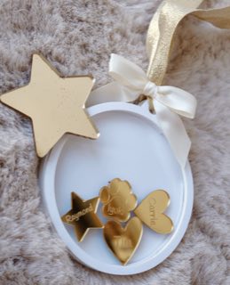 Round personalized ornament with gold charms, real photo