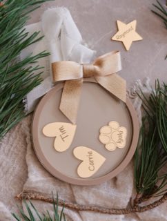 Round teddy ornament with heart, paw and star charms, real photo